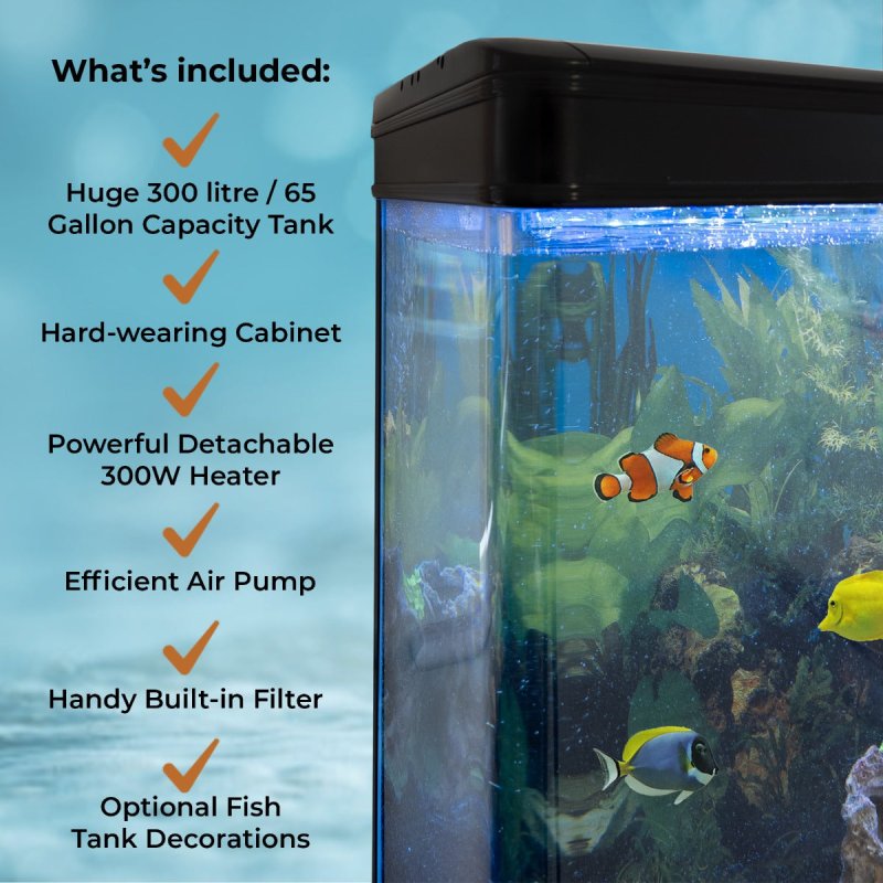 MonsterShop Fish Tank Aquarium & Starter Accessories, Black Cabinet, 4ft, 300L, Black Gravel