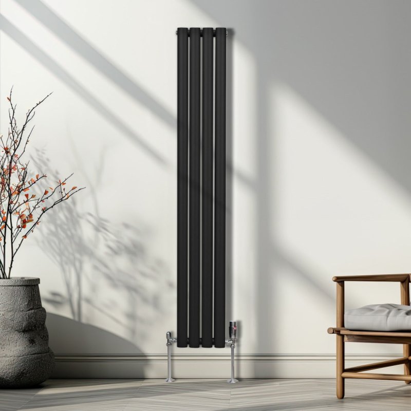 Oval Column Radiator 1600mm x 240mm & TRV Chrome Valves Modern Designer Double Panel Central Heating Heater Black Steel Vertical Kitchen Living Room FREE Cleaning Brush Fixing Kit & Brackets