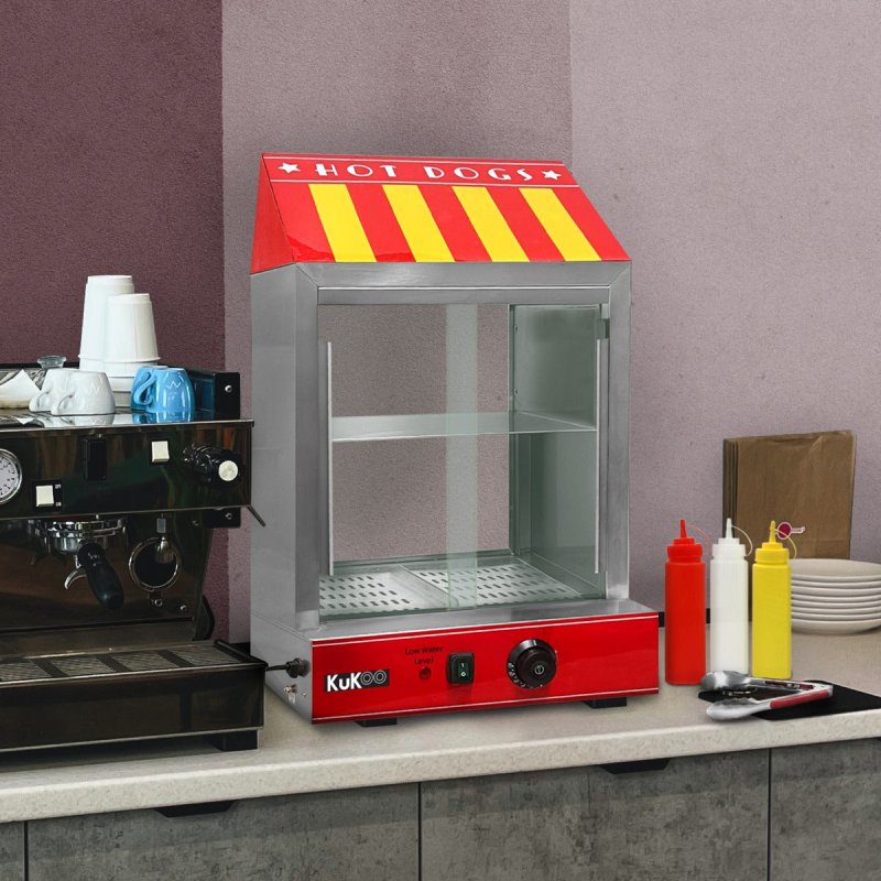 Hot Dog Steamer Cooker Electric Warmer Stainless Steel Machine Commercial Sliding Glass Doors Removable Solid Shelf 2 Grated Trays Adjustable Thermostat 30C - 110C 2000W FREE Tongs 3 Sauce Bottles