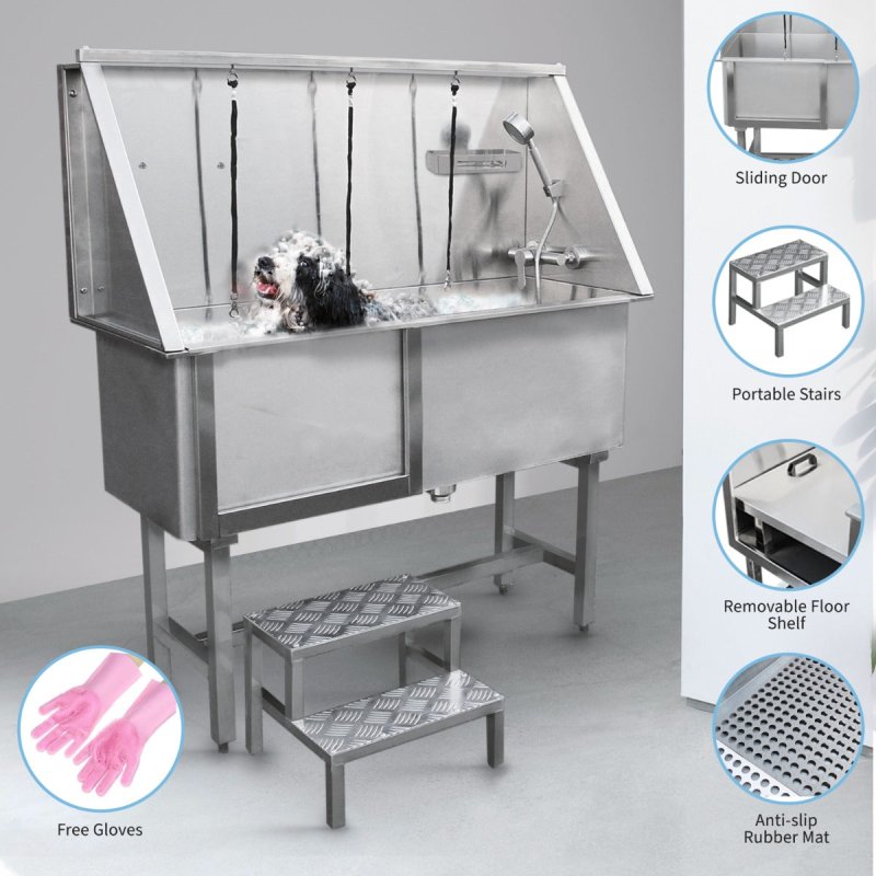 Dog Grooming Bath Stainless Steel 400mm Professional Pet Washing Station Large Groomer Bathing Tub Cleaning Metal Shower Walk In | FREE Gloves | With Faucet And Drainage Kit