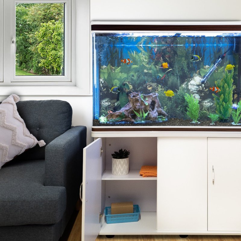 MonsterShop Fish Tank Aquarium & Starter Accessories, White Cabinet, Black Gravel, 4ft, 300L