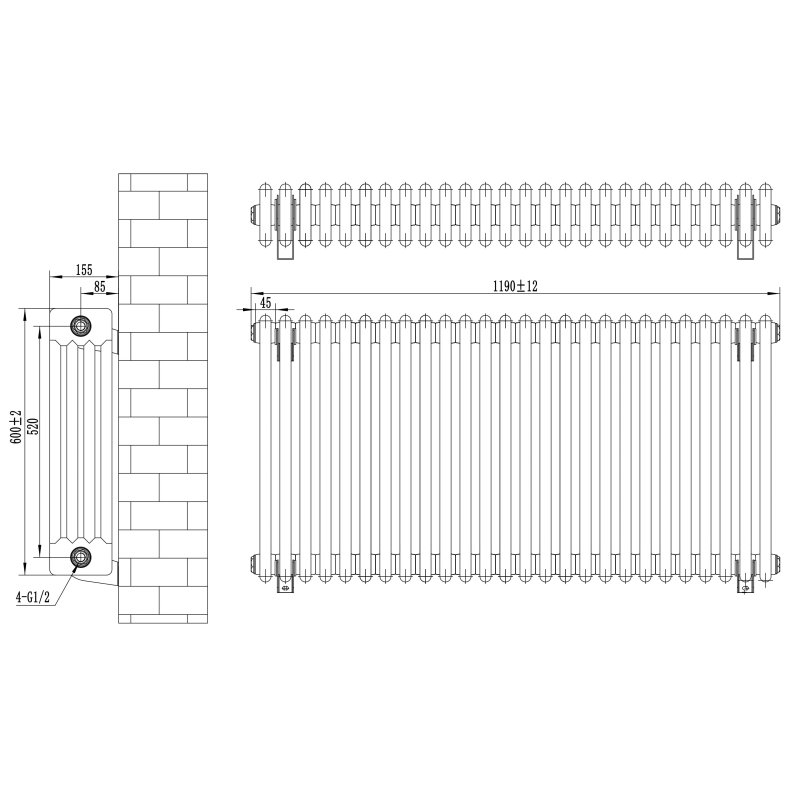 Traditional 4 Column Radiator - 600 x 1190mm - Black
