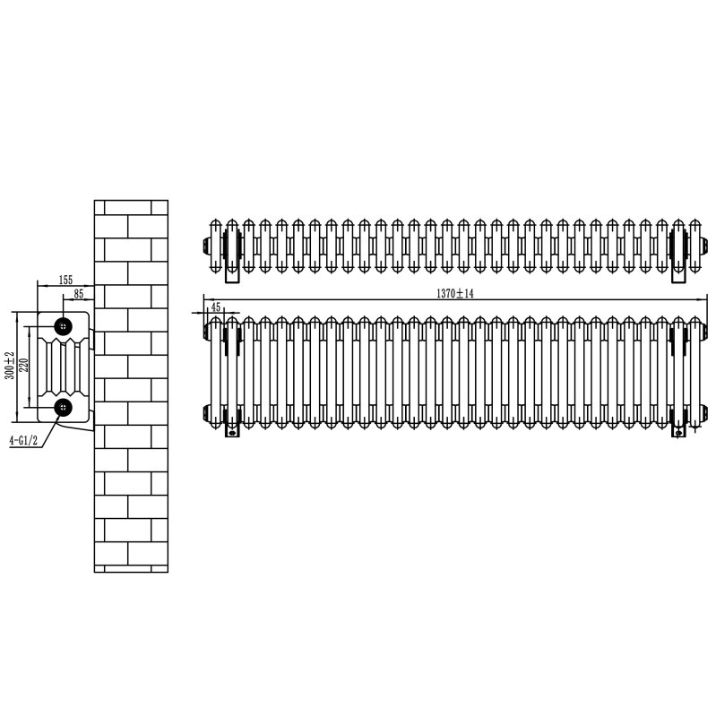 Traditional 4 Column Radiator & Valves - 300 x 1370mm - Black