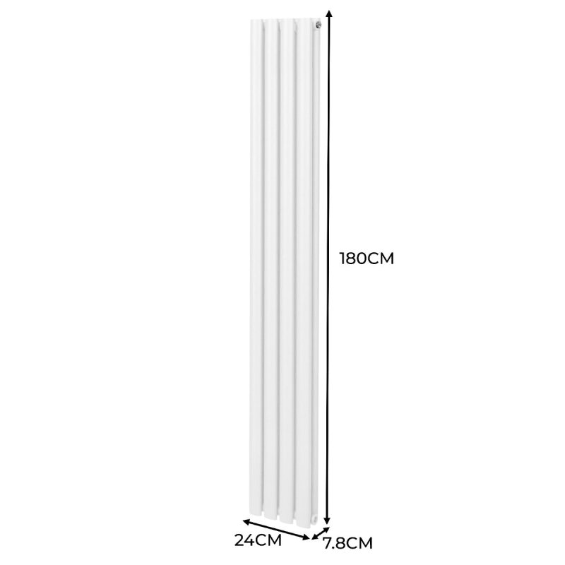 Oval Column Radiator 1800mm x 240mm Modern Designer Double Panel Central Heating Heater Gloss White Carbon Steel Vertical Kitchen Living Room Bathroom FREE Cleaning Brush Fixing Kit & Brackets