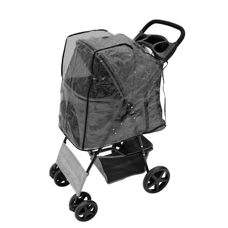 Pet Stroller Pushchair Woven Grey Carrier Foldable Trolley Travel Cart 15kg Capacity 4 Wheels Brakes Cat Dog Safety Hook Leash Cushion Canopy Mesh Windows Basket Cup Holders & Waterproof Rain Cover