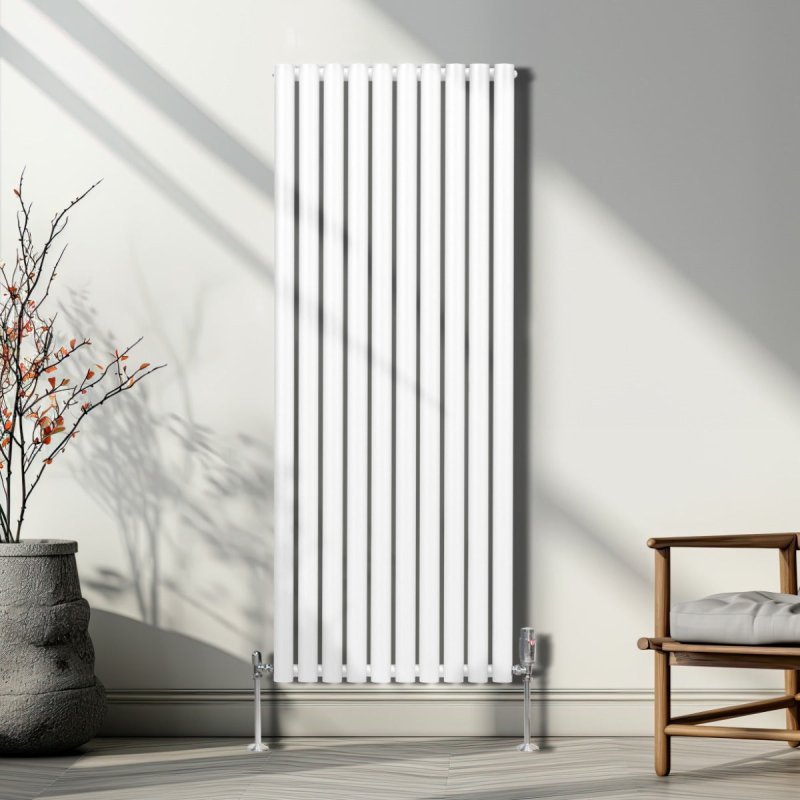 Oval Column Radiator 1600mm x 600mm Modern Designer Double Panel Central Heating Heater Gloss White Carbon Steel Vertical Kitchen Living Room Bathroom FREE Cleaning Brush Fixing Kit & Brackets