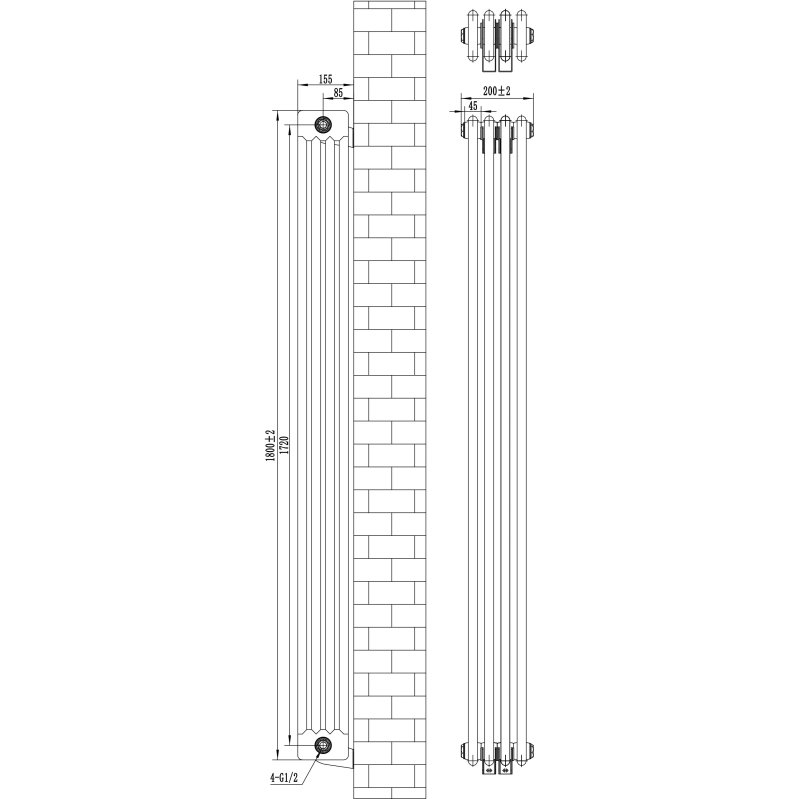 Traditional 4 Column Radiator & Valves - 1800 x 200mm - White