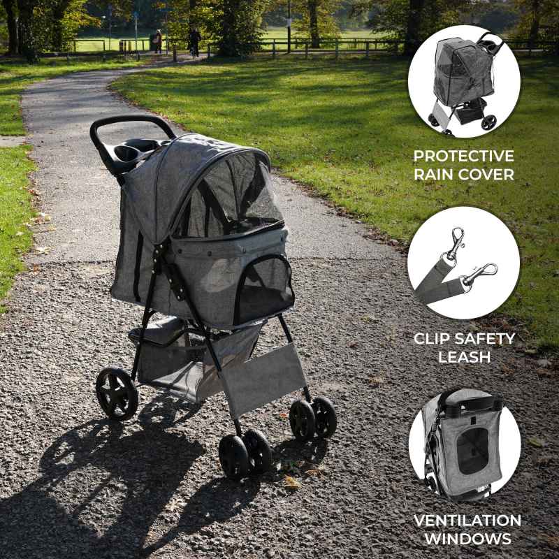 Pet Stroller Pushchair Woven Grey Carrier Foldable Trolley Travel Cart 15kg Capacity 4 Wheels Brakes Cat Dog Safety Hook Leash Cushion Canopy Mesh Windows Basket Cup Holders & Waterproof Rain Cover