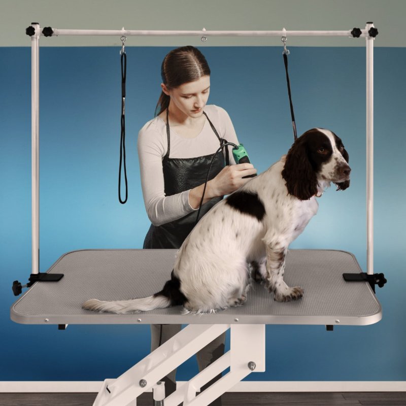 Hydraulic Pet Dog Grooming Table Lift Height Adjustable H Bar 180kg Weight Capacity Large 106cm x 61cm Grey Rubber Top Professional Heavy Duty Steel White Frame 4 Adaptable Stable Feet 3 Loop Leashes