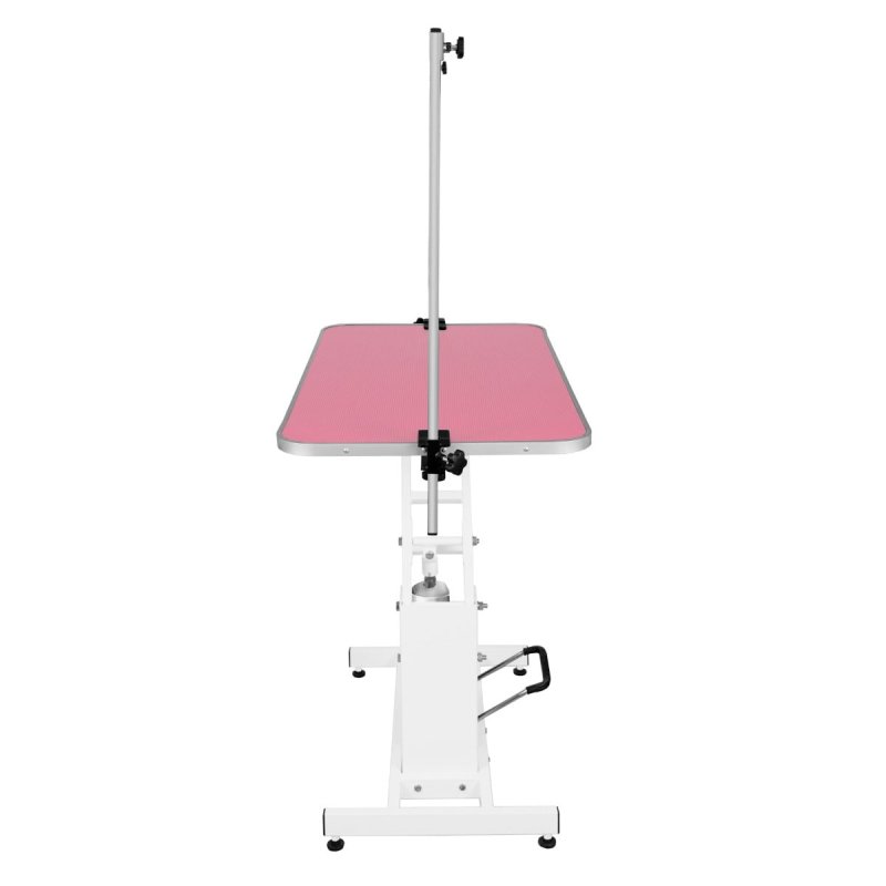 Hydraulic Pet Dog Grooming Table Lift Height Adjustable H Bar 180kg Weight Capacity Large 106cm x 61cm Pink Rubber Top Professional Heavy Duty Steel White Frame 4 Adaptable Stable Feet 3 Loop Leashes