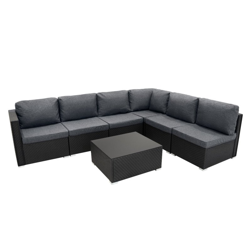 Rattan Garden Corner Furniture Set Outdoor Premium 7 PC Black 5 Seater Modular Sofa Chairs With Cushions Glass Top Coffee Table UV Protected Metal and Outsunny 3 x 2m Metal Outdoor Pergola with Retractable Roof, Outdoor Gazebo Canopy Shelter with Drainage