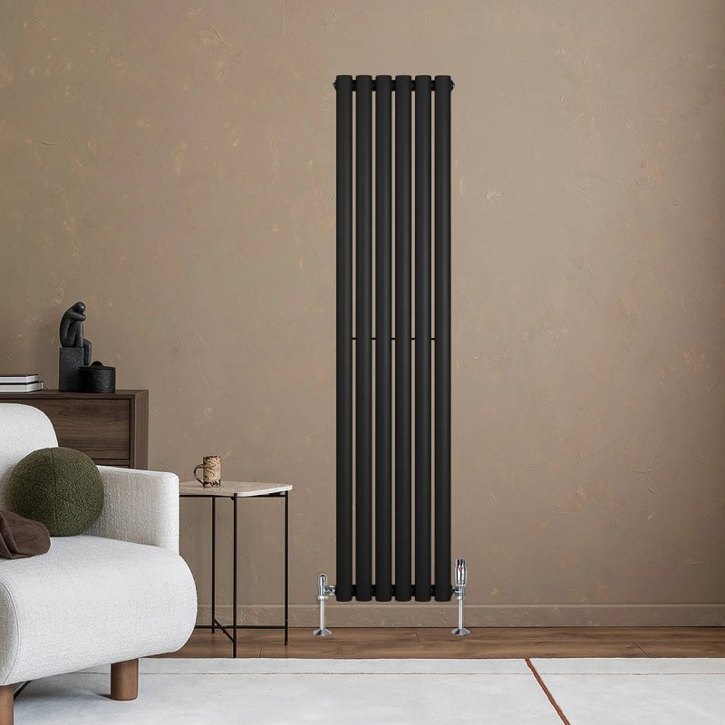 Oval Single Column Radiator & Valves - 1600mm x 360mm - Black