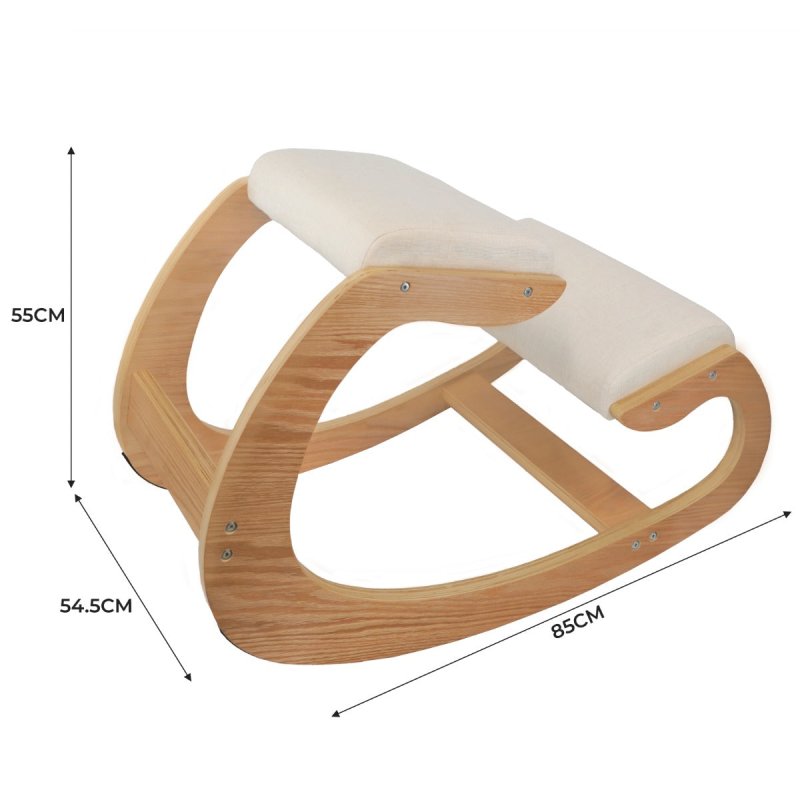 Ergonomic Kneeling Chair Wooden Oak White Linen Fabric 8cm Thick Padded Cushion Office Home Rocking Orthopaedic Posture Stool Back Knee Support 120kg Capacity FREE Keyboard and Mouse Wrist Rest Pads