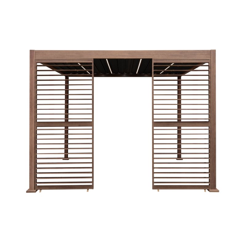 Wood Effect Aluminium Pergola With LED Lights & 2 x Side Panels - 3m x 3m