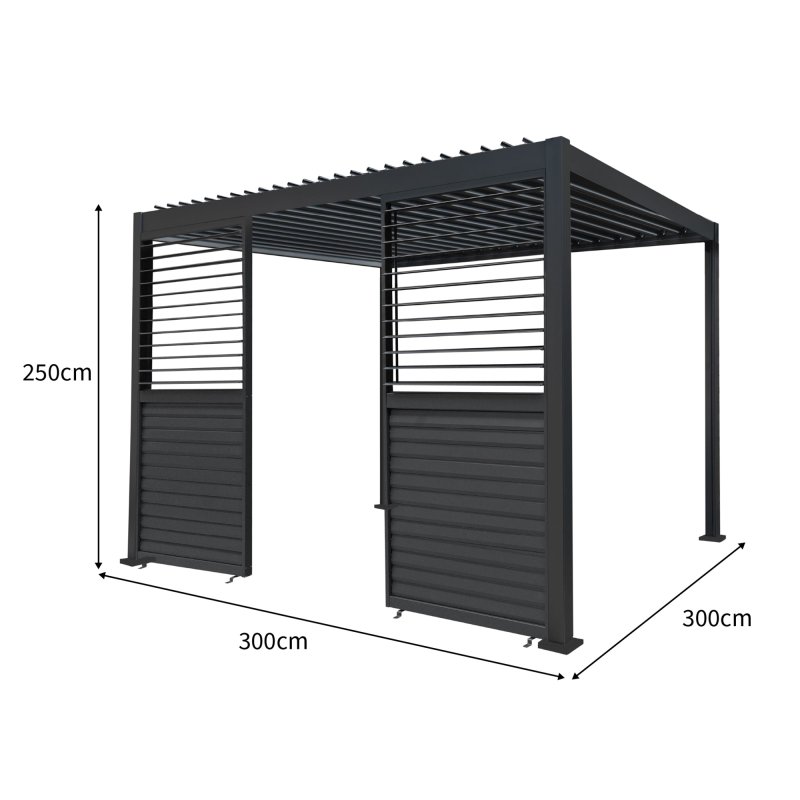Anthracite Aluminium Pergola With LED Lights & 2 x Shutter Panels - 3m x 3m