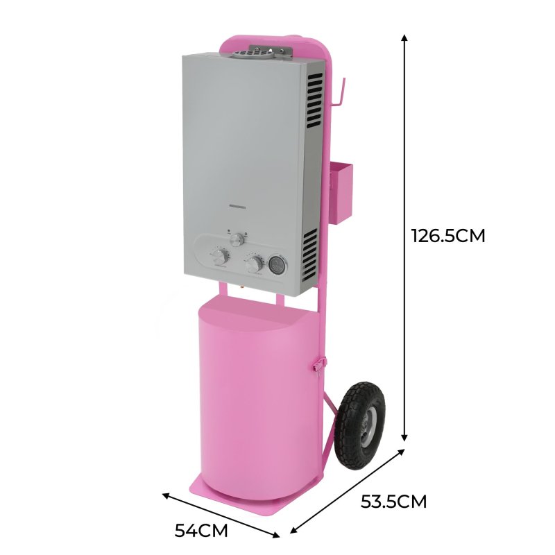 Portable Horse Shower With Steel Trolley Pink 18L Tankless Instant Hot Water Gas Boiler LPG Heater 10m Water Hose & 9-Pattern Spray Gun Camping Outdoor 10