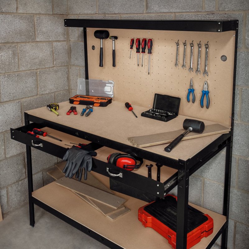 Garage Workbench Black Pegboard Drawer Shelves LED Light Heavy Duty Steel Wooden Workshop Industrial Shed DIY Work Table Desk Tool Storage Station Unit 370kg Total Capacity 40 Hooks Rubber Mallet