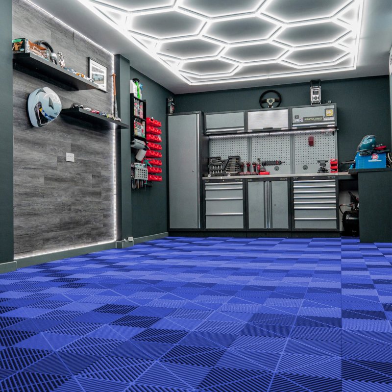 Vented Modular Interlocking Flooring Tiles x 120 Blue With Edges & Hexagon LED Lighting 14 White Lights & Border 6500K 3 Mount Options & Suspended Ceiling Kit Single Garage Floor Mat 3.2m x 6m 19.2m2