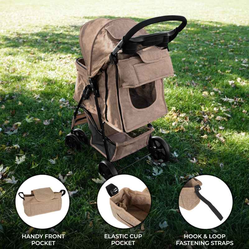 Pet Stroller Caddy Organiser Woven Beige Pushchair Pram Travel Accessory Bag Detachable Hook & Loop Straps Elastic Cup Pouch Front Pocket Large Capacity Multifunctional Linen Fabric