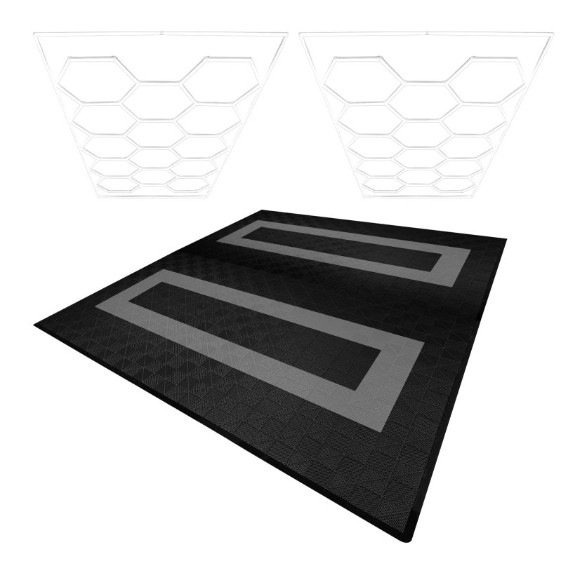 Vented Modular Interlocking Flooring Tiles 165 Black & 60 Grey With Edges & Hexagon LED Lighting 28 White Lights & Border 6500K 3 Mount Options & Suspended Ceiling Kit Single Garage Floor Mat 6m x 6m