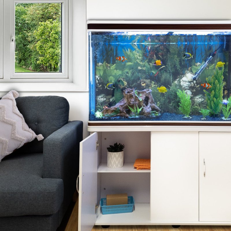 MonsterShop Fish Tank Aquarium & Starter Accessories, White Cabinet, Blue Gravel, 4ft, 300L