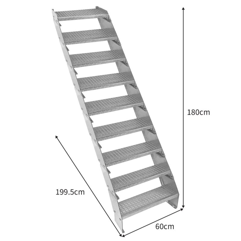 Metal Staircase 9 Section Adjustable Height 60cm / 600mm Wide Galvanised Steel Silver 9 Steps Weatherproof Grate Step Outdoor Garden Patio Modular Stairs 5mm Rod Thickness FREE Fixing Kit