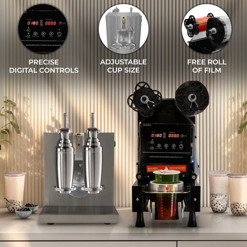 Automatic Cup Sealing Machine 500W & Bubble Tea Shaker Double Frame 400 r/min 350 - 1000ml Timer 6 - 120 Seconds 500-650 Cups/H Plastic Paper 90/ 95mm Diameter FREE Film Roll & 2 700ml Plastic Shakers
