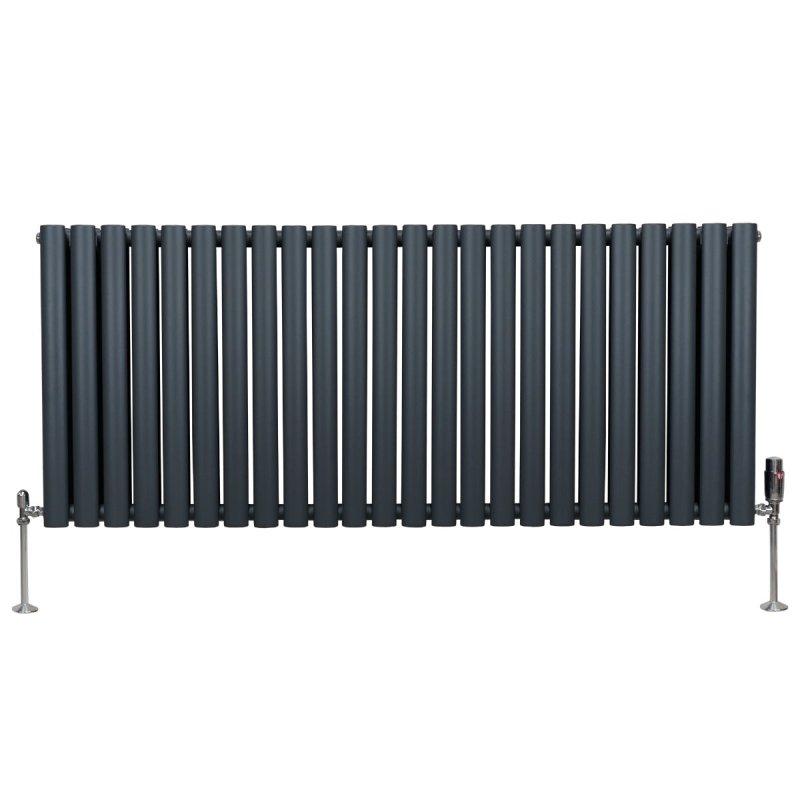 Oval Column Radiator 600mm x 1440mm & TRV Chrome Valves Designer Double Panel Central Heating Heater Anthracite Grey Steel Horizontal Kitchen Living Room FREE Cleaning Brush Fixing Kit & Brackets