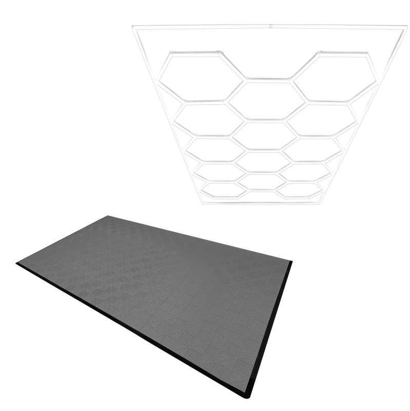 Vented Modular Interlocking Flooring Tiles x 120 Grey With Edges & Hexagon LED Lighting 14 White Lights & Border 6500K 3 Mount Options & Suspended Ceiling Kit Single Garage Floor Mat 3.2m x 6m 19.2m2