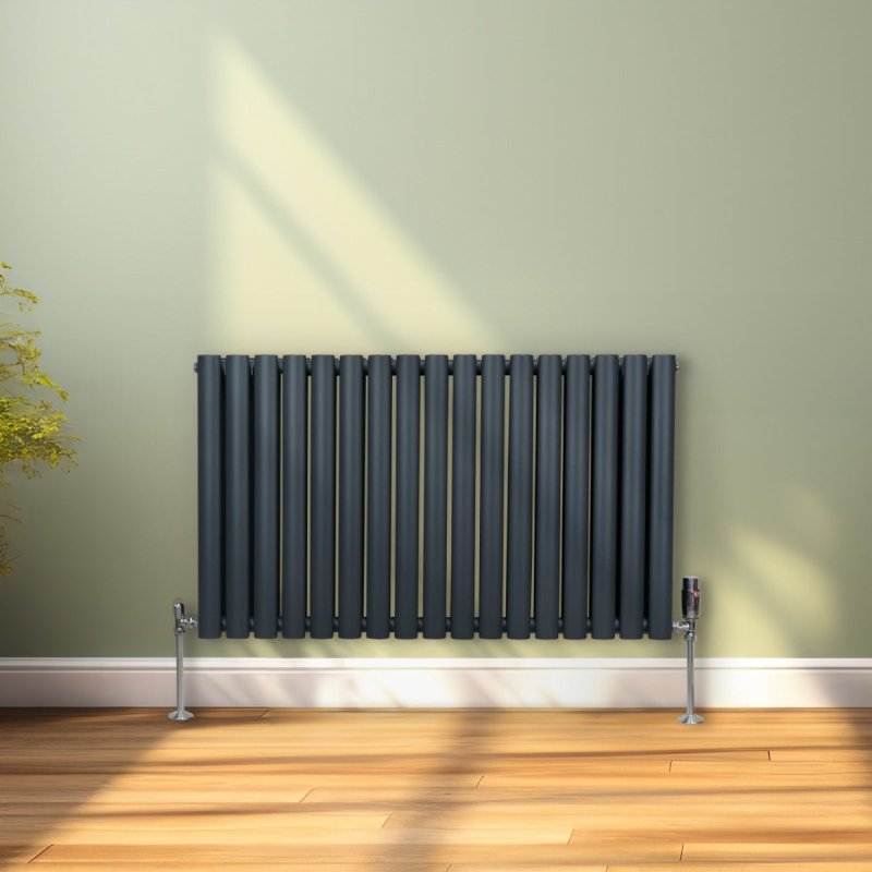 Oval Column Radiator 600mm x 1020mm Modern Designer Double Panel Central Heating Heater Matt Anthracite Grey Carbon Steel Horizontal Kitchen Living Room FREE Cleaning Brush Fixing Kit & Brackets