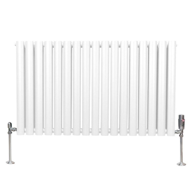 Oval Column Radiator 600mm x 1020mm & TRV Chrome Valves Modern Designer Double Panel Central Heating Heater White Steel Horizontal Kitchen Living Room FREE Cleaning Brush Fixing Kit & Brackets