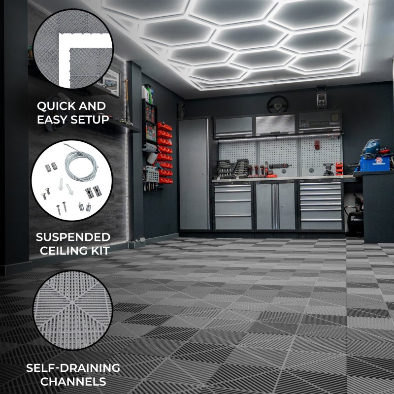 Vented Modular Interlocking Flooring Tiles x 225 Grey With Edges & Hexagon LED Lighting 28 White Lights & Border 6500K 3 Mount Options & Suspended Ceiling Kit Single Garage Floor Mat 6m x 6m 36m2