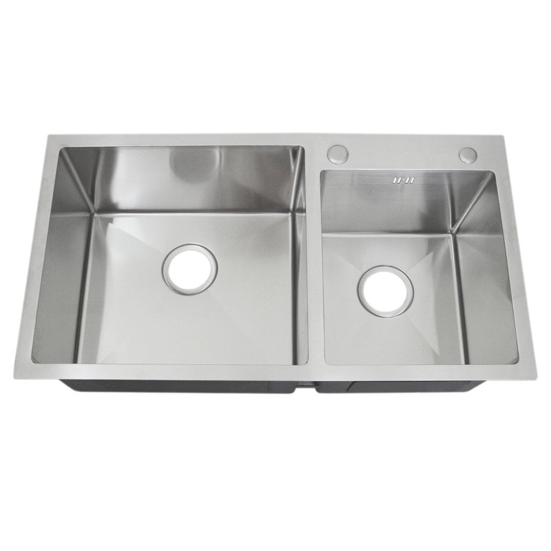 Stainless Steel Kitchen Sink Double Bowl Satin Finish Square Premium Handmade With Strainer Plug & Waste Pipe Set