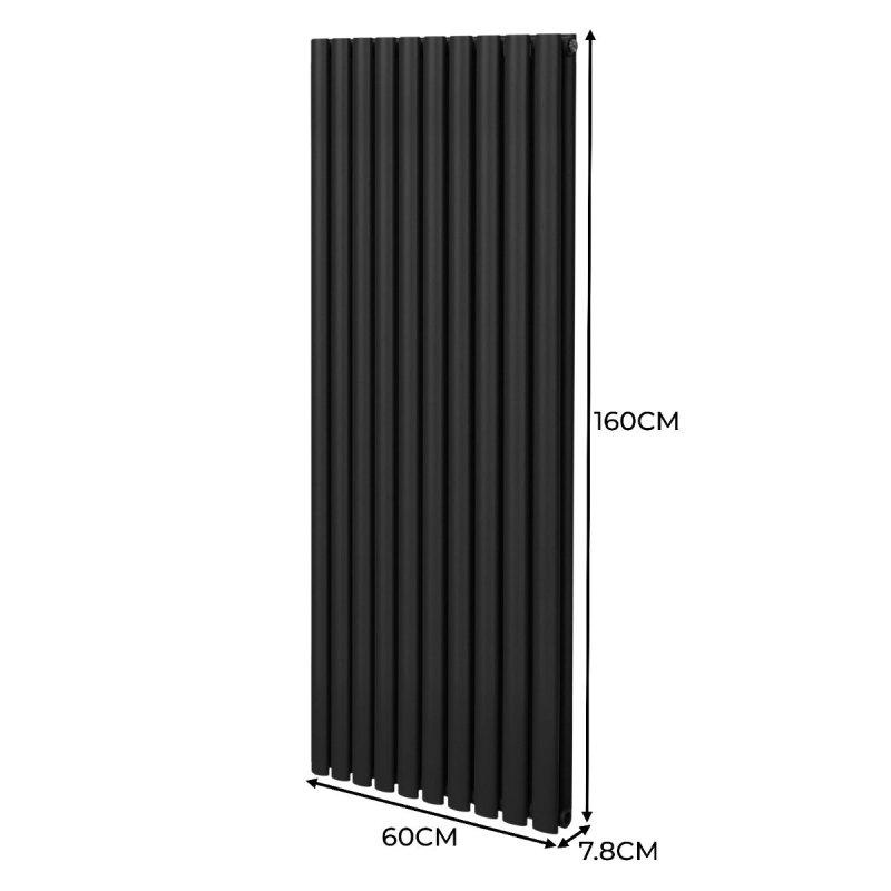 Oval Column Radiator 1600mm x 600mm Modern Designer Double Panel Central Heating Heater Matt Black Carbon Steel Vertical Kitchen Living Room Bathroom FREE Cleaning Brush Fixing Kit & Brackets