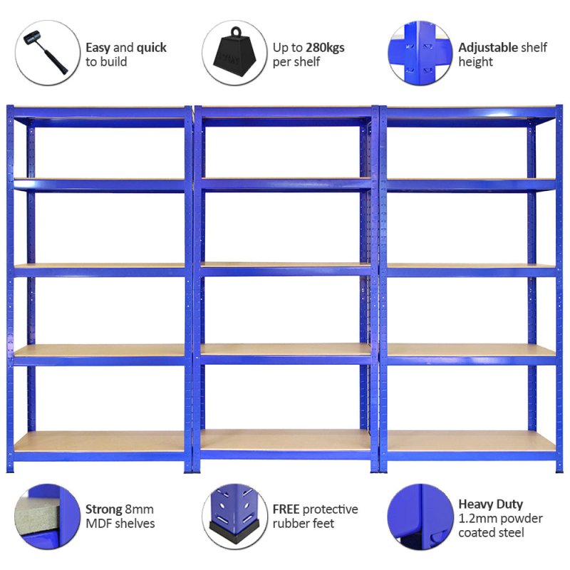 T-Rax Pack of 3 Garage Shelving Units - 5 Tier Heavy Duty Rack for Storage Steel Utility Shelves | Metal & MDF Boltless Racking Assembly System | 4200KG Capacity | 280KG Per Shelf, Blue