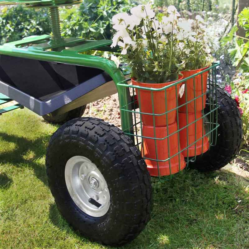 Wheeled Garden Cart Seat Heavy Duty Swivel Mobile Tool Tray Utility Basket Gardening Landscape Weeding Outdoor Work Stool