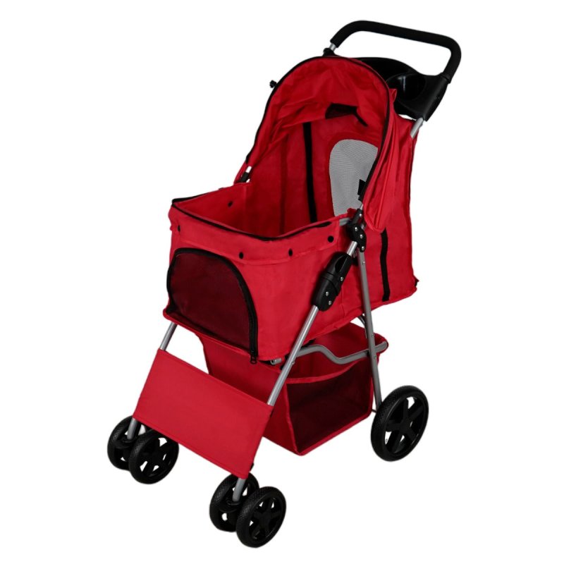 Pet Stroller Pushchair Red Carrier Foldable Trolley Travel Cart 15kg Capacity 4 Wheels Brakes Cat Dog Safety Snap Hook Leash Cushion Canopy Mesh Windows Basket Cup Holders FREE Waterproof Rain Cover
