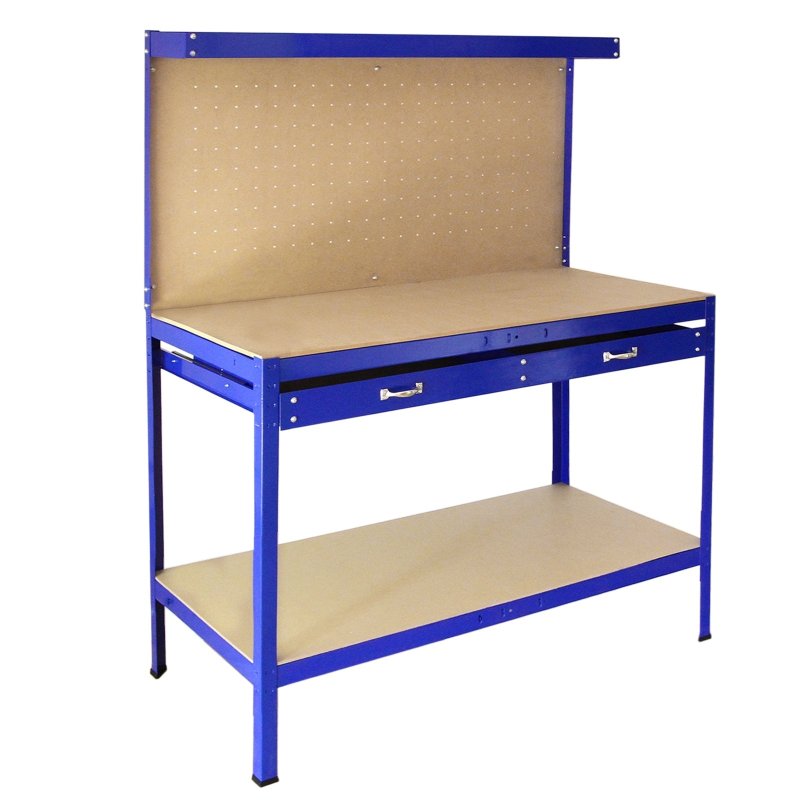Workshop Workbench With Pegboard And Drawer Heavy-Duty Garage Metal Tool Storage Worktop Shelf Station Shelving Unit FREE 40 x Hooks DIY Steel Industrial Work-table Blue