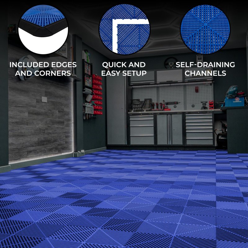 Vented Modular Interlocking Flooring Tiles & Edges 120 x Blue Single Garage Heavy Duty Floor Mat Showroom Workshop Outdoor Polypropylene Anti Slip Weather Resistant Drainage Channels 3.2m x 6m 19.2m2