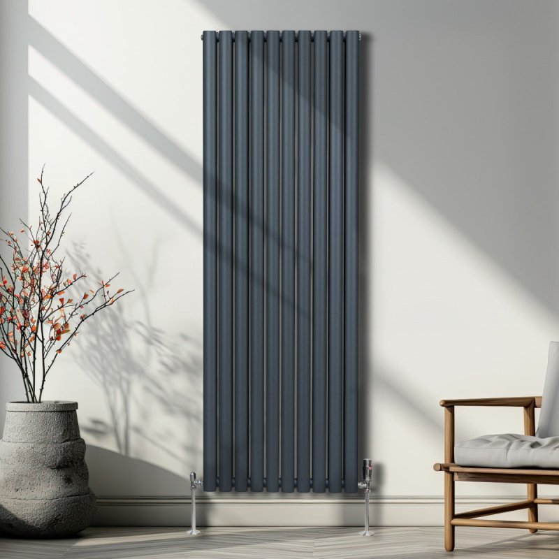 Oval Column Radiator 1800mm x 600mm Modern Designer Double Panel Central Heating Heater Matt Anthracite Grey Carbon Steel Vertical Kitchen Living Room FREE Cleaning Brush Fixing Kit & Brackets