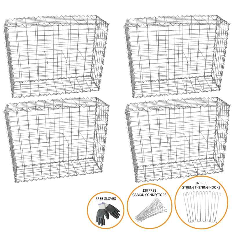 Gabion Baskets Cages Mesh Wire Galvanised Steel Outdoor Stone Basket Spiral Retaining Wall Planter Garden / 100 x 80 x 30cm / 4 Pack