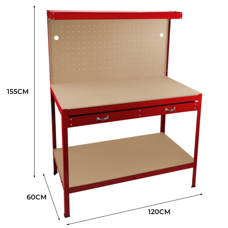 Garage Workbench Red Pegboard Drawer Shelves LED Light Heavy Duty Steel Wooden Workshop Industrial Shed DIY Work Table Desk Tool Storage Station Unit 370kg Total Capacity 40 Hooks Rubber Mallet