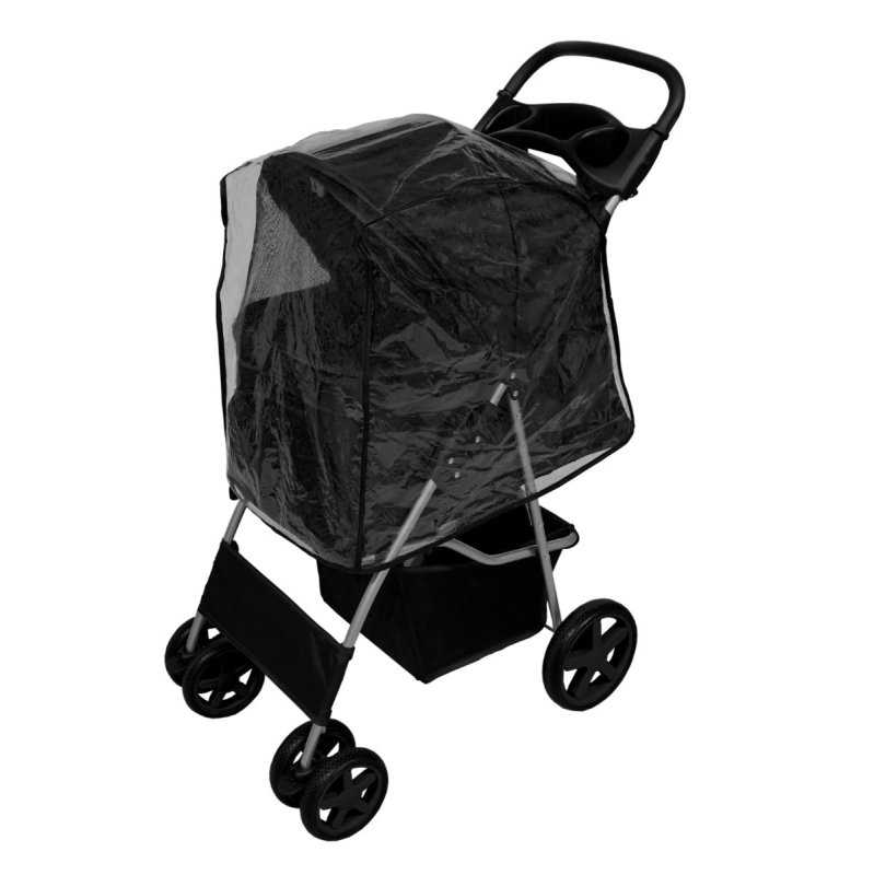 Pet Stroller Pushchair Black Carrier Foldable Trolley Travel Cart 15kg Capacity 4 Wheels Brakes Cat Dog Safety Snap Hook Leash Cushion Canopy Mesh Windows Basket Cup Holders FREE Waterproof Rain Cover
