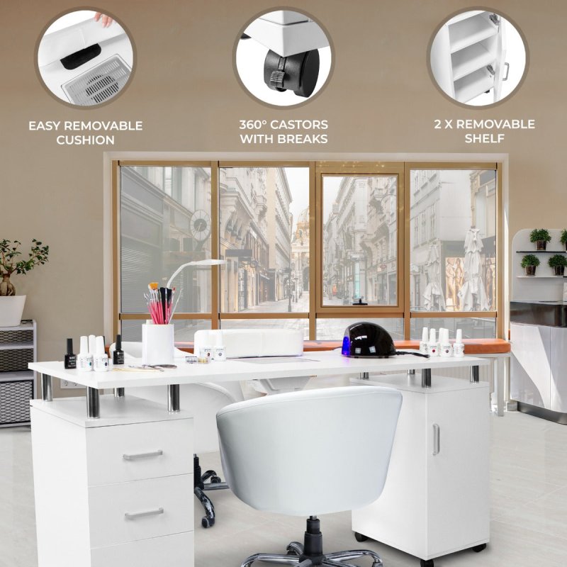 Professional Manicure Table Nail Technician Beauty Salon Tech Station Storage Desk Built In Dust Collector Fan Removable Cushion Rubber Mat 8 Castor Wheels 3 Pull Out Drawers 1 Cupboard 2 Shelves