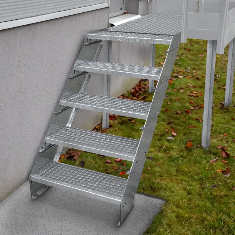 Metal Staircase 2 Section Adjustable Height 90cm / 900mm Wide Galvanised Steel Silver 2 Steps Weatherproof Grate Step Outdoor Garden Patio Modular Stairs 5mm Rod Thickness FREE Fixing Kit