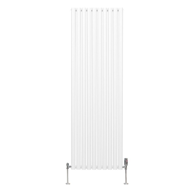 Oval Column Radiator 1800mm x 600mm & TRV Chrome Valves Modern Designer Double Panel Central Heating Heater White Steel Vertical Kitchen Living Room FREE Cleaning Brush Fixing Kit & Brackets