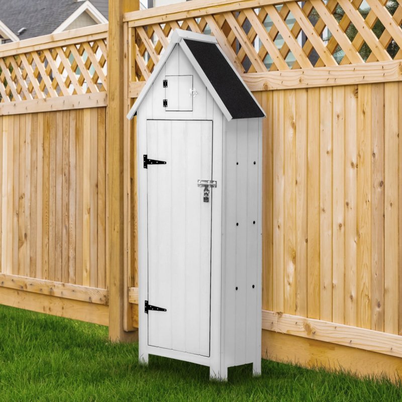 Wooden Garden Storage Shed White Tool Organiser Cabinet Beach Hut Sentry Box Lockable Doors 3 Corner Shelves 4 Door Hooks Roof Hatch Padlock 4 Keys Ground Fixing Kit Screw Covers Fir Wood Asphalt Roof