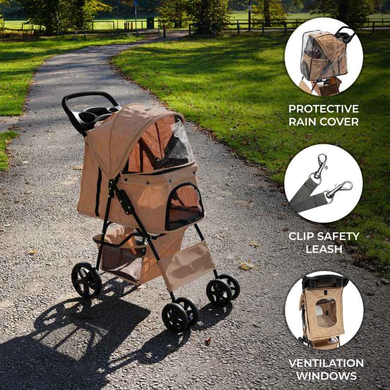 Pet Stroller Pushchair Woven Beige Carrier Foldable Trolley Travel Cart 15kg Capacity 4 Wheels Brakes Cat Dog Safety Hook Leash Cushion Canopy Mesh Windows Basket Cup Holders & Waterproof Rain Cover