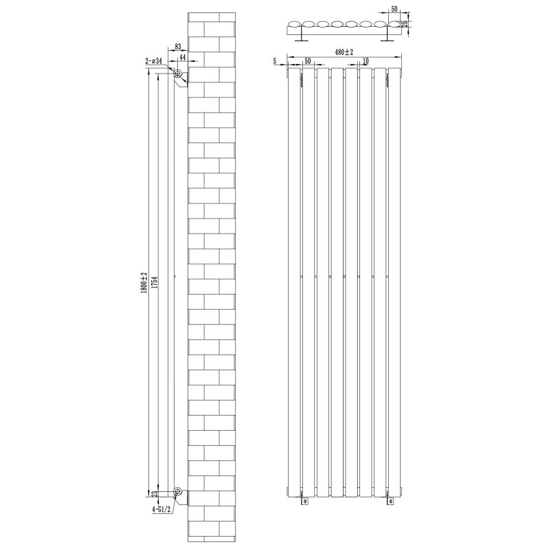 Oval Single Column Radiator - 1800 x 480mm - Black