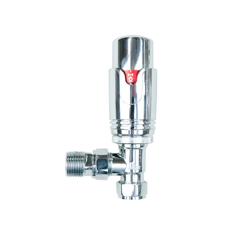 Thermostatic Radiator Valves Brass Polished Chrome Angled TRV Set Lockshield 1/2" x 15mm Manual Rotary Knob 6-28 Degrees Temperature Range 10 Year Guarantee